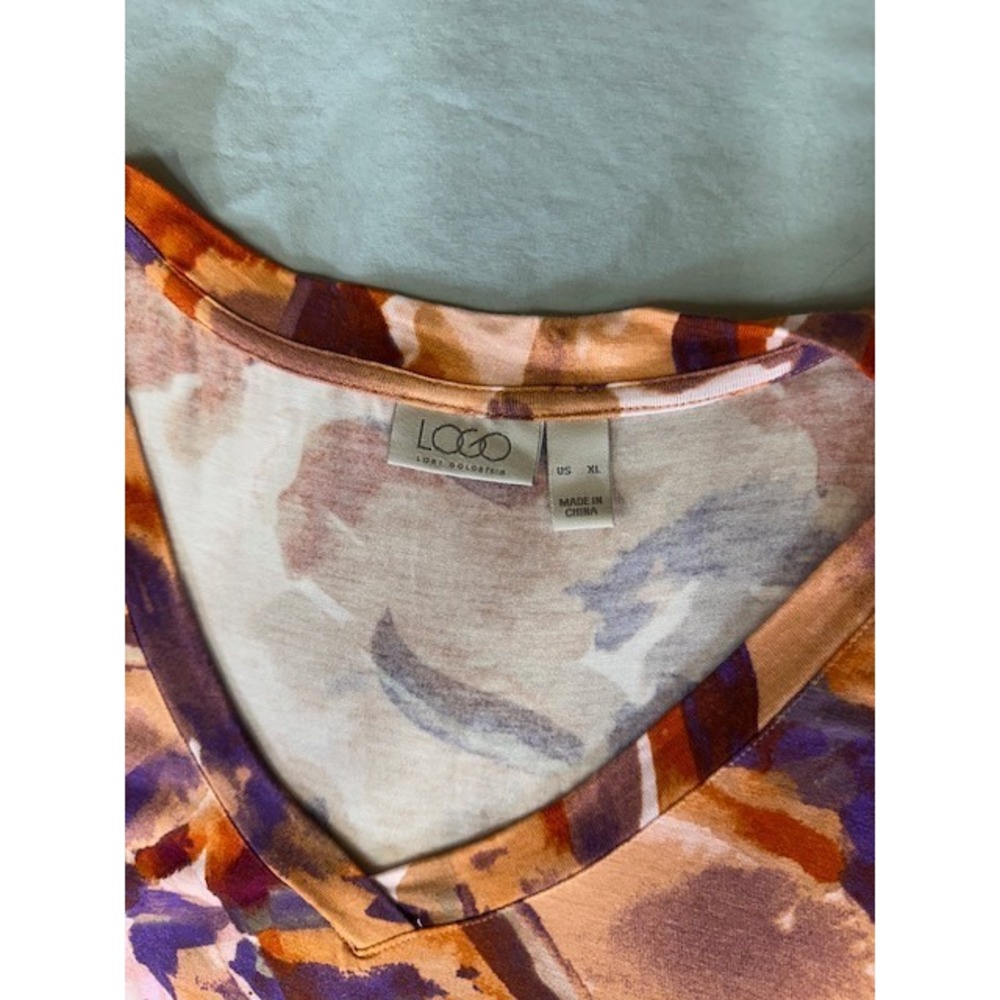 L LOGO Lori GOLDSTEIN‎ TUNIC SHARK BITE BROWN PURPLE RED TOP WITH POCKETS